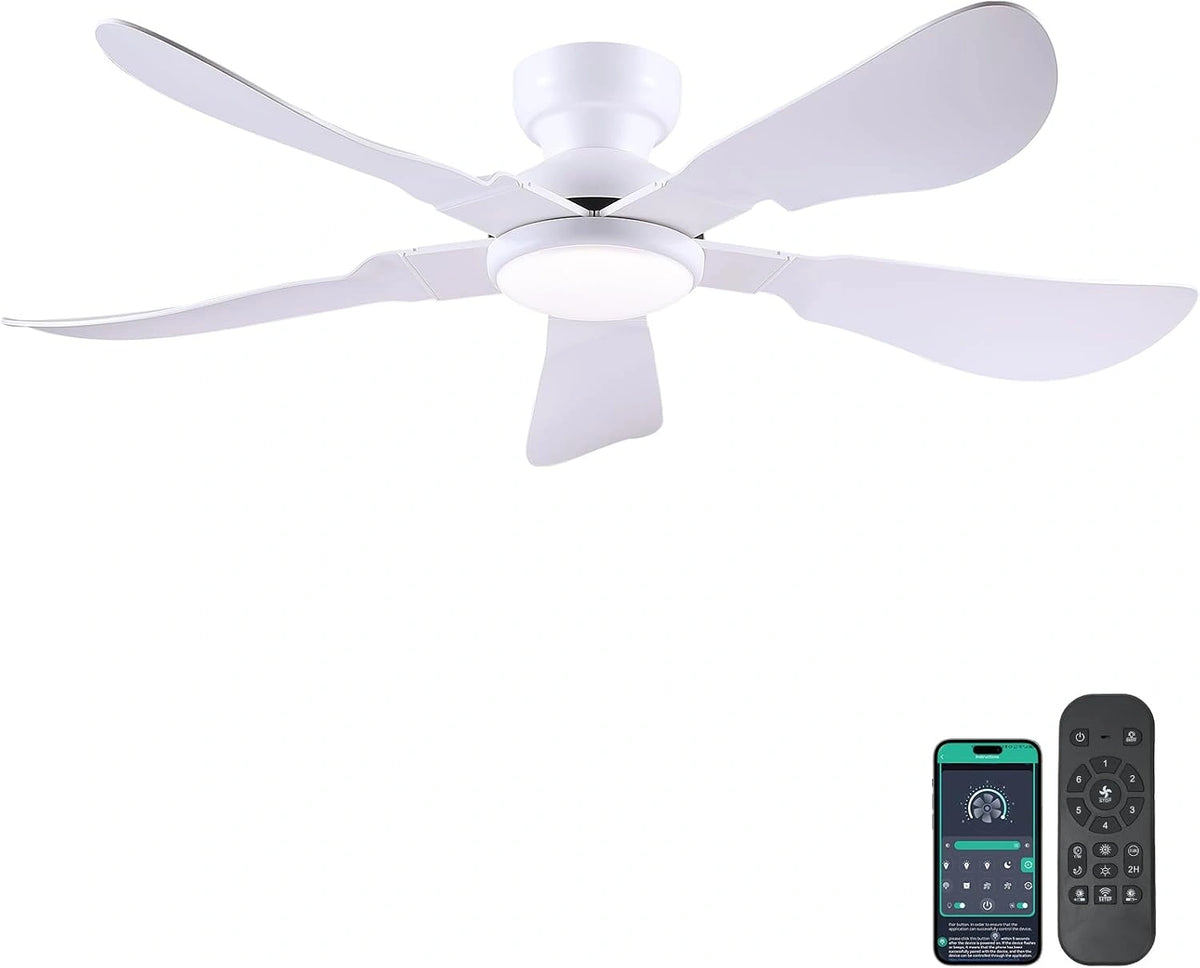 Kviflon 132 cm moderne plafondventilator met licht, afstandsbediening/app-bediening, 5 omkeerbare messen, 3 CCT dimbaar, voor slaapkamer, wit