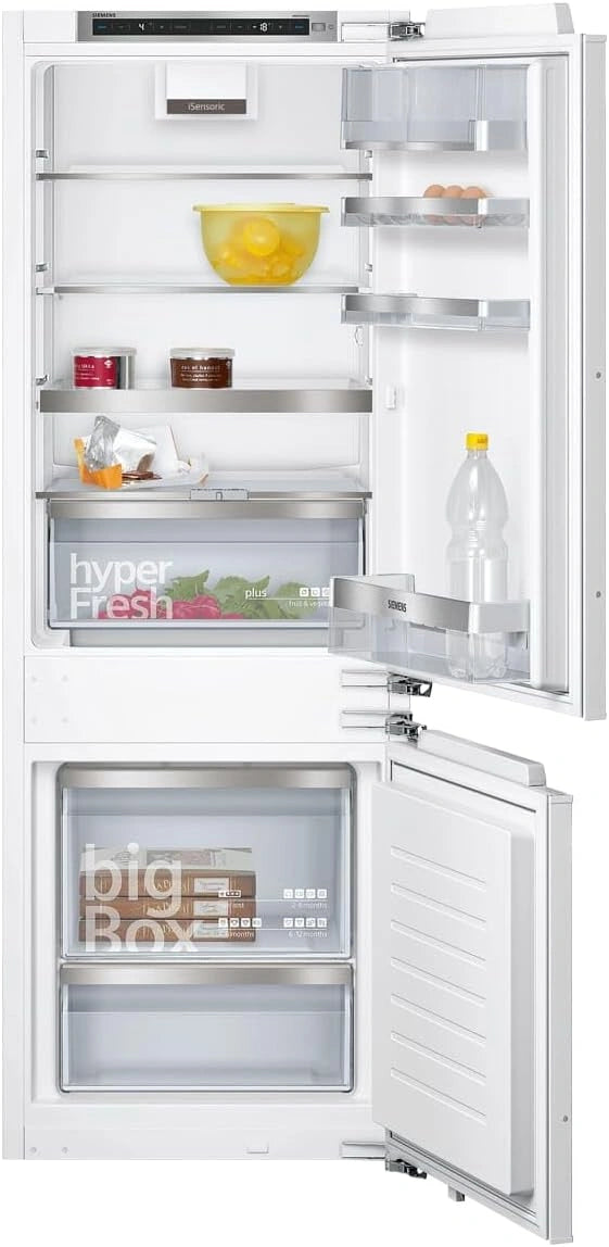 Siemens KI77SADD0 iQ500 Inbouw-koel-vriescombinatie/D/166 kWh/jaar/229 l/lowFrost/hyperFresh Premium 0°/LED-verlichting/plat scharnier, zilver/wit