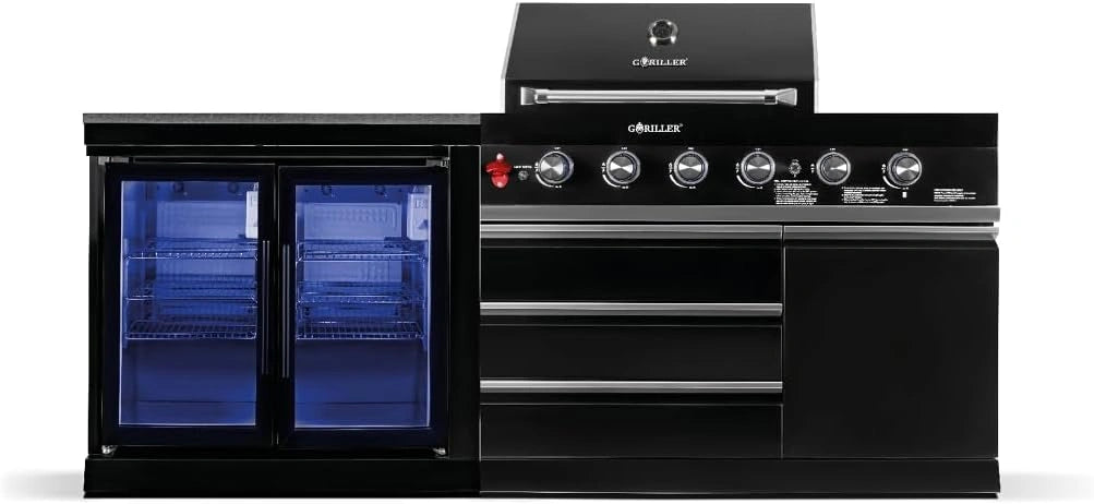 GORILLER® FUSION Lite, Buitenkeuken, van roestvrij staal incl. koelkast, spoelunit, werkblad, rotisserie en regenkap, buitenkeuken zwart