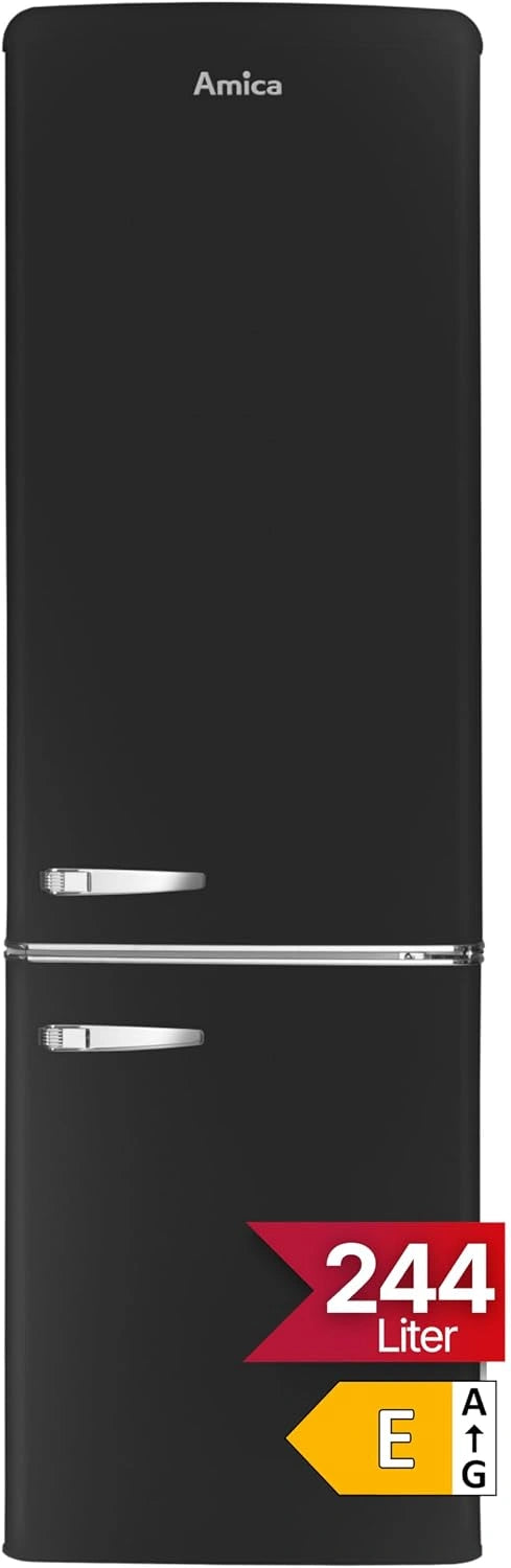 Amica KGCR 387 100 MS Retro koel-/vriescombinatie, mat zwart, 181 cm (H) x 55 cm (B) x 62 cm (D), retrodesign, koelkast met vriesvak