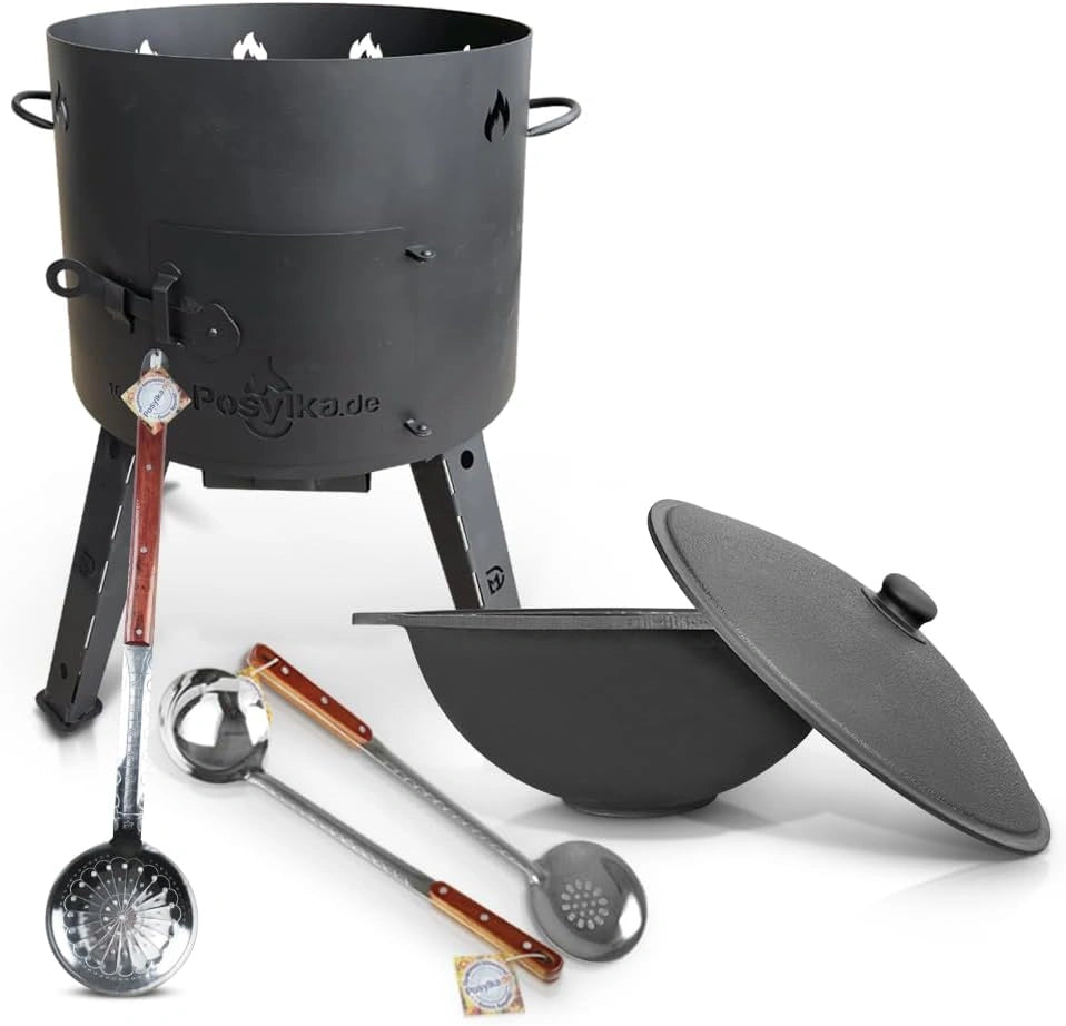 Utschak Kazan Vuurkachel Met Gietijzeren Pan, Platte Bodem Met Deksel, 16 L, Ø 44 cm, Kazan Schuimspaan 64 cm