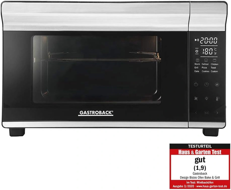 GASTROBACK Design Mini-oven, bake & grill, mini-bakoven met circulatie, 26 l, 5 functies bij 30 °C, 230 °C, Cool Touch behuizing, 30 cm Ø pizzasteen