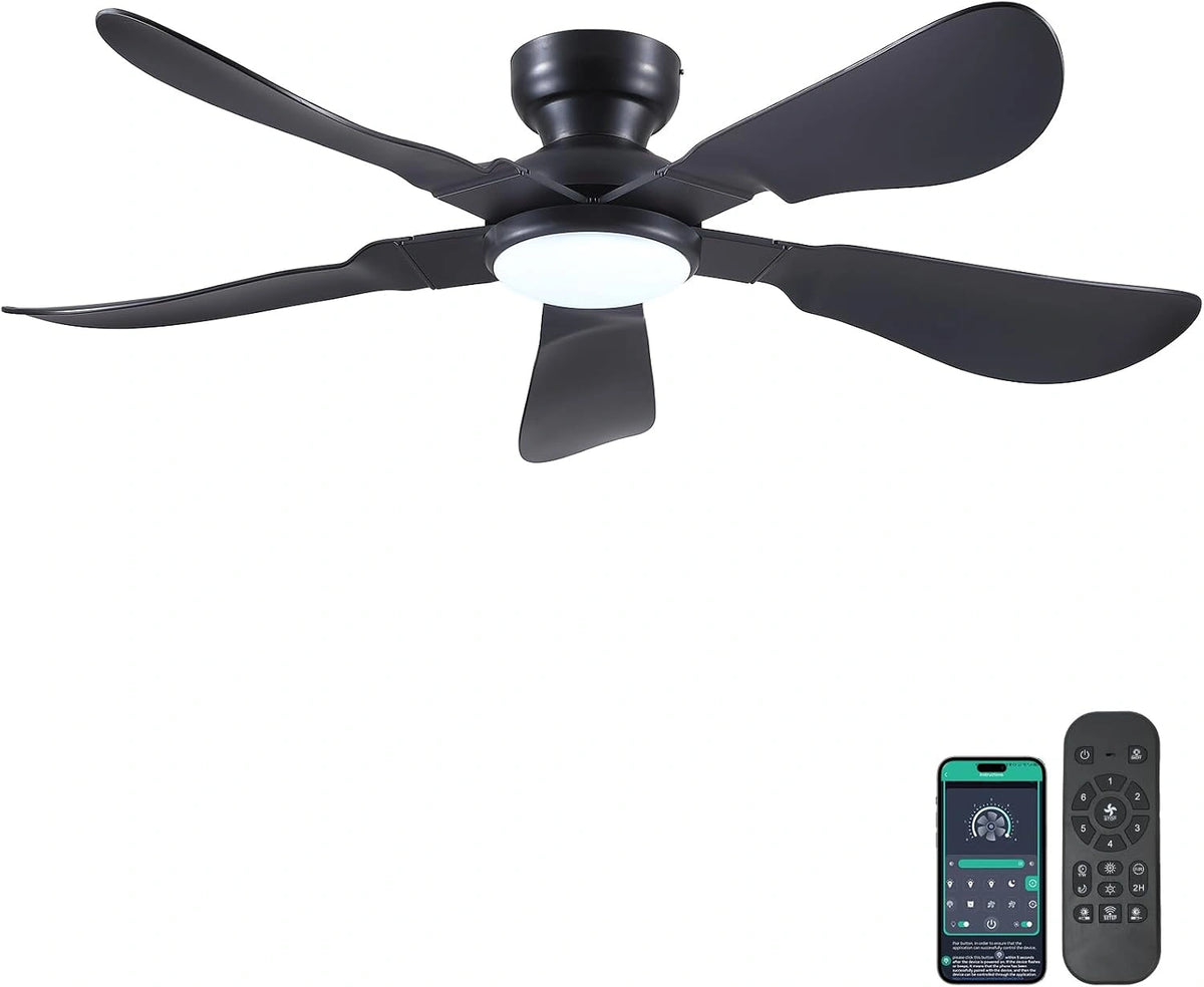 Kviflon Moderne plafondventilator met licht, afstandsbediening/app-bediening, 5 omkeerbare bladen, 3 CCT dimbaar, voor slaapkamer, 132 cm, zwart