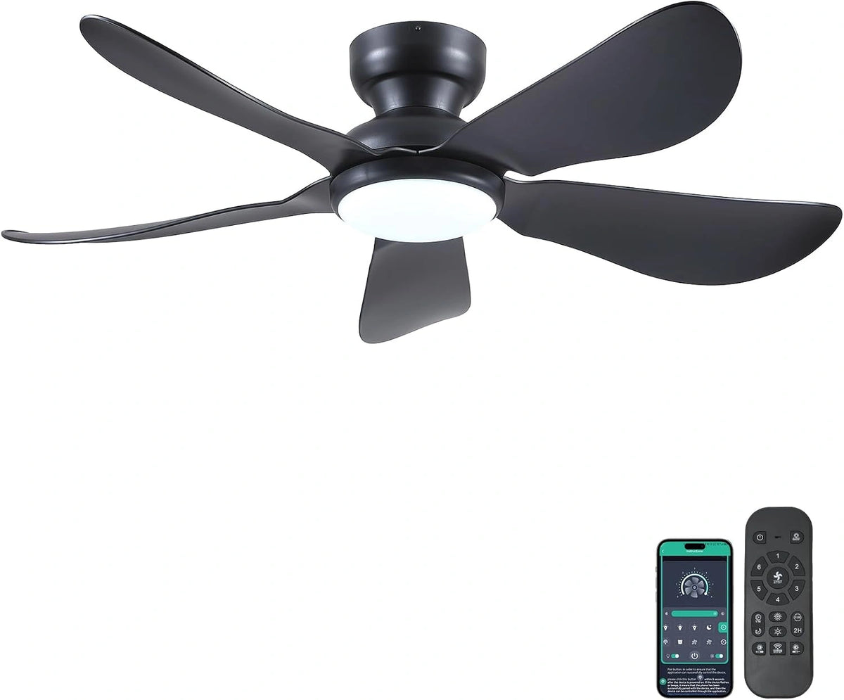 Moderne plafondventilator 117 cm met licht, ingebouwde ventilator met afstandsbediening en APP, 5 omkeerbare gebogen bladen met 6 snelheden
