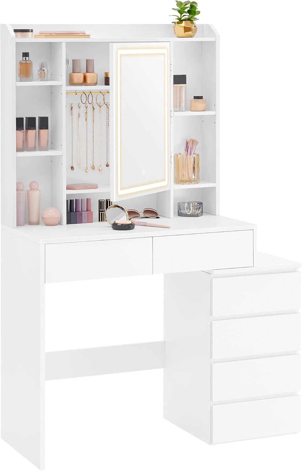VASAGLE KAILYN Collectie, Kaptafel met LED-verlichting, make-uptafel met spiegel, 40 x 98,3 x 145 cm, cosmeticatafel met lades, verstelbare planken