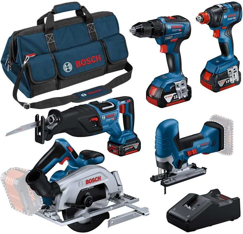 Bosch Professional combiset GSR 18V-55 + GST 18V-125 S + GKS 18V-57-2 + GSA 18V-28 + GDX 18V-200 (incl. 3 x 4,0Ah-accu, oplader GAL 18V-40