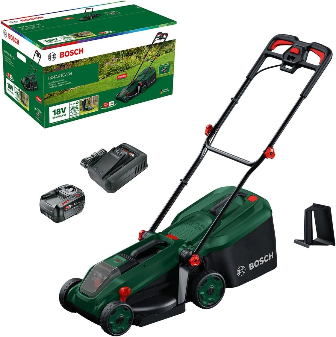 Bosch accumaaier ROTAK18V-34 (maaibreedte: 34 cm, maaihoogte: 25-65 mm, stoffen grasopvangzak van 35 l, mulchplug, met accu en oplader), zwart