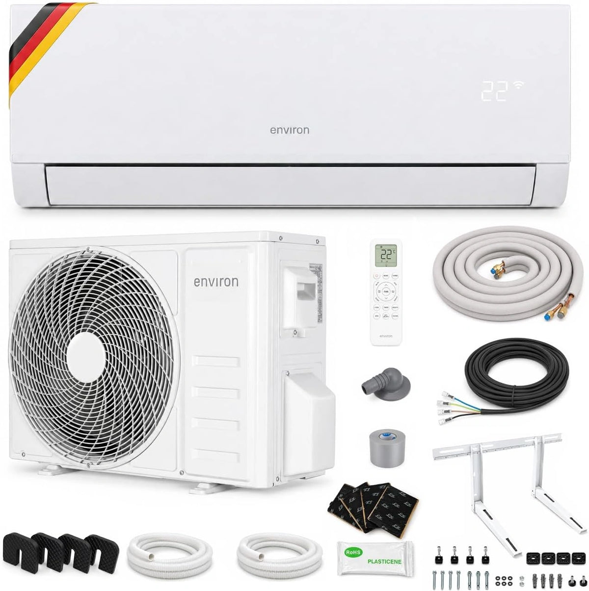 ENVIRON® Split airconditioning A+++, wifi/app-functie, 19 dB, stiller dan je eigen adem, vergulde verdamper en condensator (met wandhouder