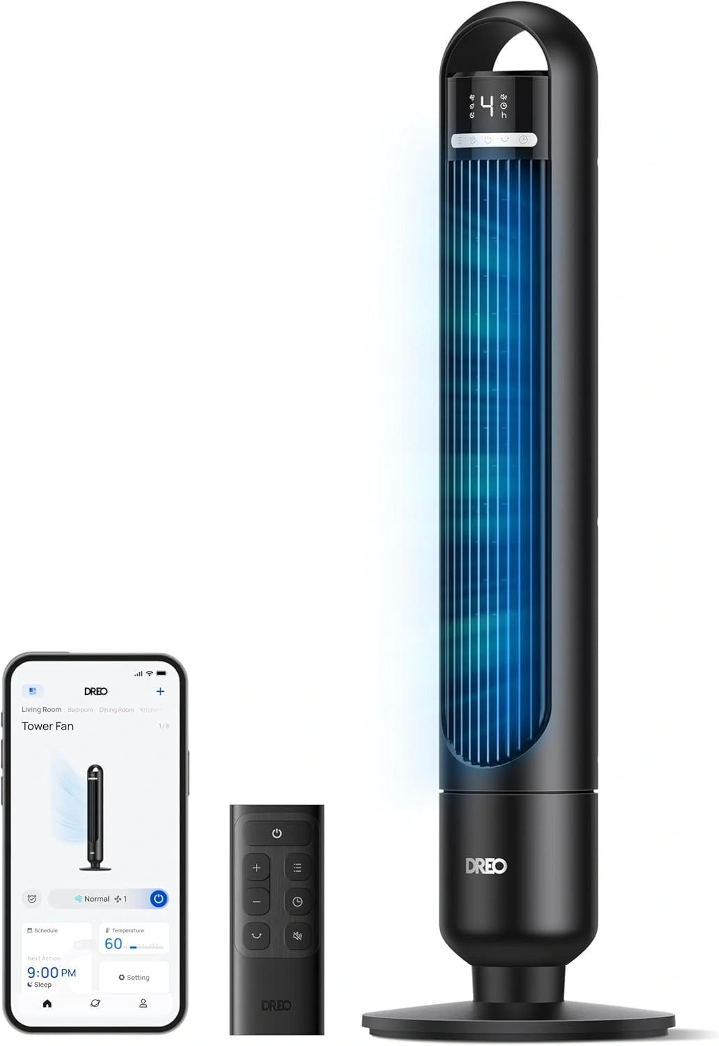 DREO Smart torenventilator voor de slaapkamer, stille staande ventilator met 28 dB, luchtbereik tot 8,8 m, 4 standen en 3 modi, 8-uurs timer, app