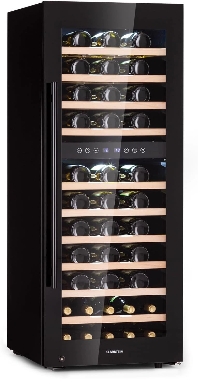 Klarstein Wijnkoeler Barossa 73, Duo Wijnkoelkast, 2 Zones, 192 Liter, 73 Flessen, 5-18 °C, Vrijstaand, Touch scherm, Zwart, 44 cm