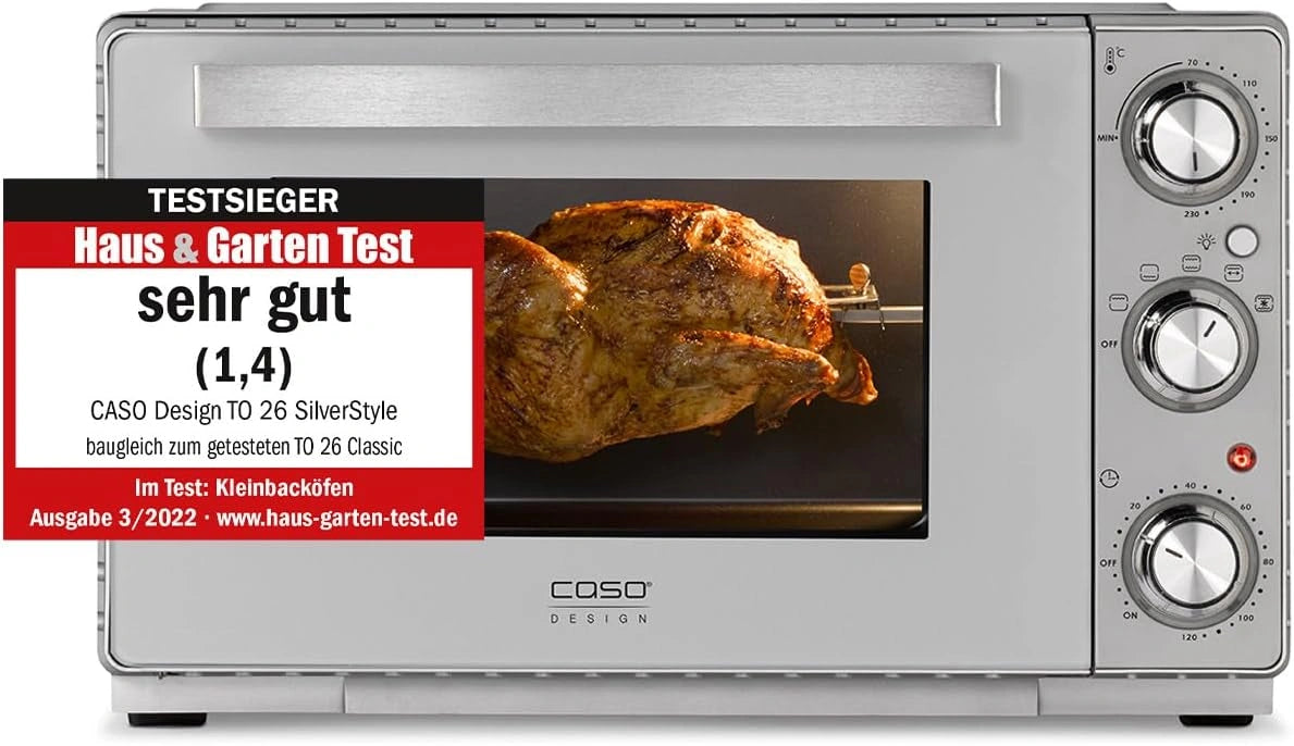 CASO TO 26 SilverStyle, Design oven, 26 liter ovenruimte, 3 inschuifniveaus, 70-230 °C, incl. pizzasteen, 5-voudige functie: hete lucht
