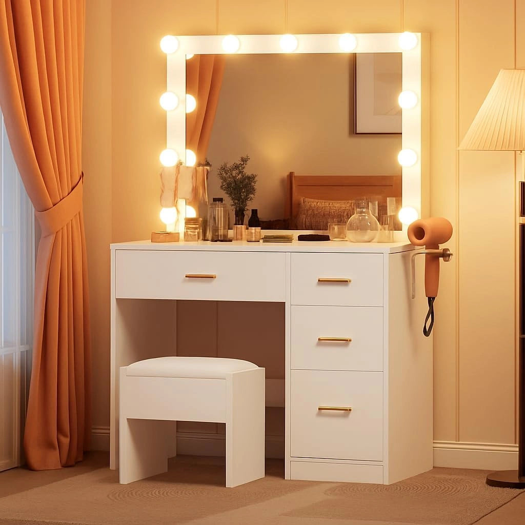 YITAHOME Make-uptafel met spiegel, kaptafel met 4 laden, kaptafel met kruk, verlichting, stopcontact, wit (make-uptafel, kaptafel, cosmeticatafel