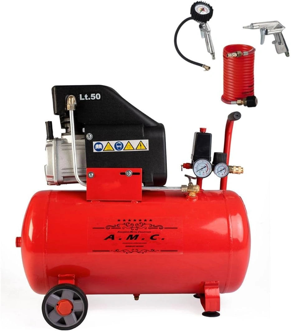 AMC Luchtcompressor, 50 liter, druk 8 bar, elektrisch, coaxiaal, 2 pk, inclusief accessoireset, ruimtebesparende motor
