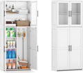 COSTWAY bezemkast 70 cm breed, multifunctionele hoge kast met 2 haken & glazen deuren, voorraadkast hout