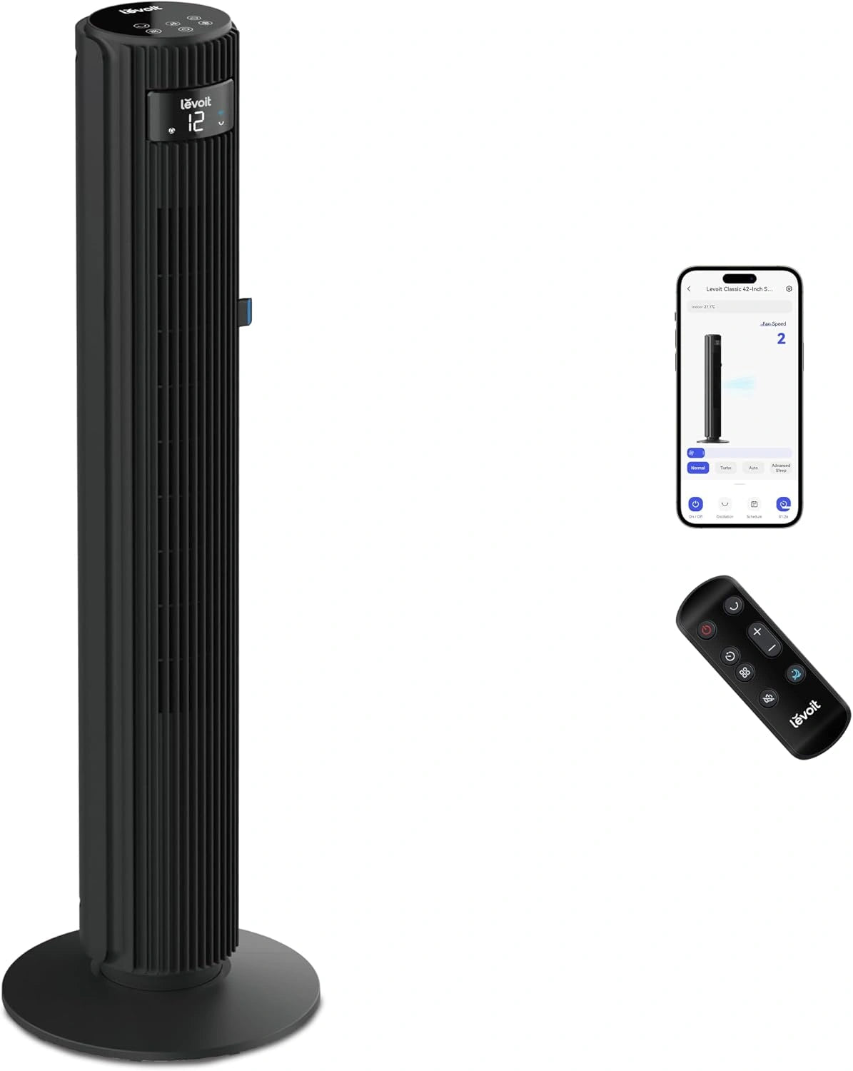 Levoit, Smart App torenventilator, stille ventilator voor slaapkamer, 4 modi, 12 standen, 12 uur timer, afstandsbediening en koeling, 7,9 m/s