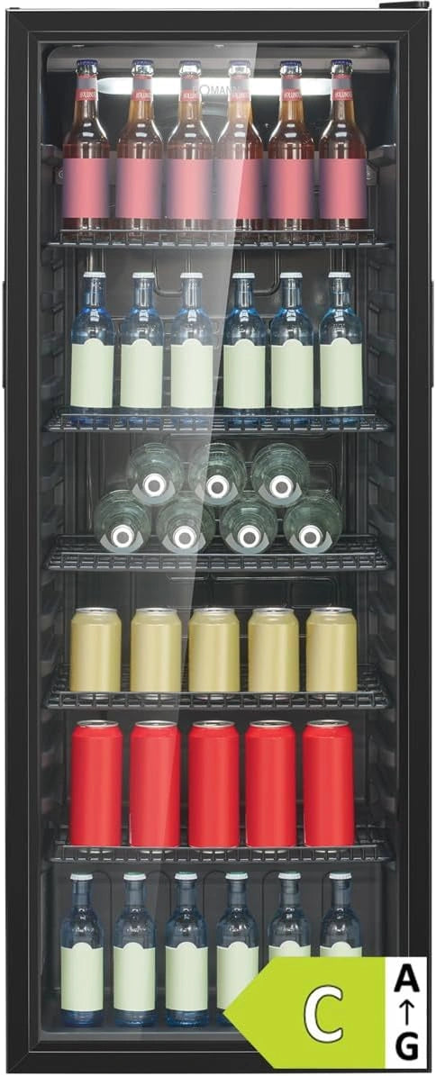 Bomann® Koelkast met Glazen Deur, Energieklasse C, 143 cm, Drankenkoelkast 2-12 °C, MultiAirflow, 5 draadschappen, Omkeerbare Deurscharnier