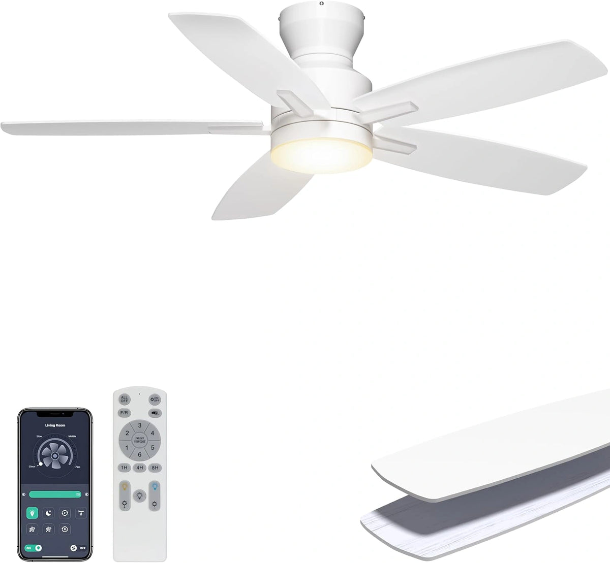 Ohniyou 106 cm plafondventilator met verlichting, afstandsbediening/app, wit