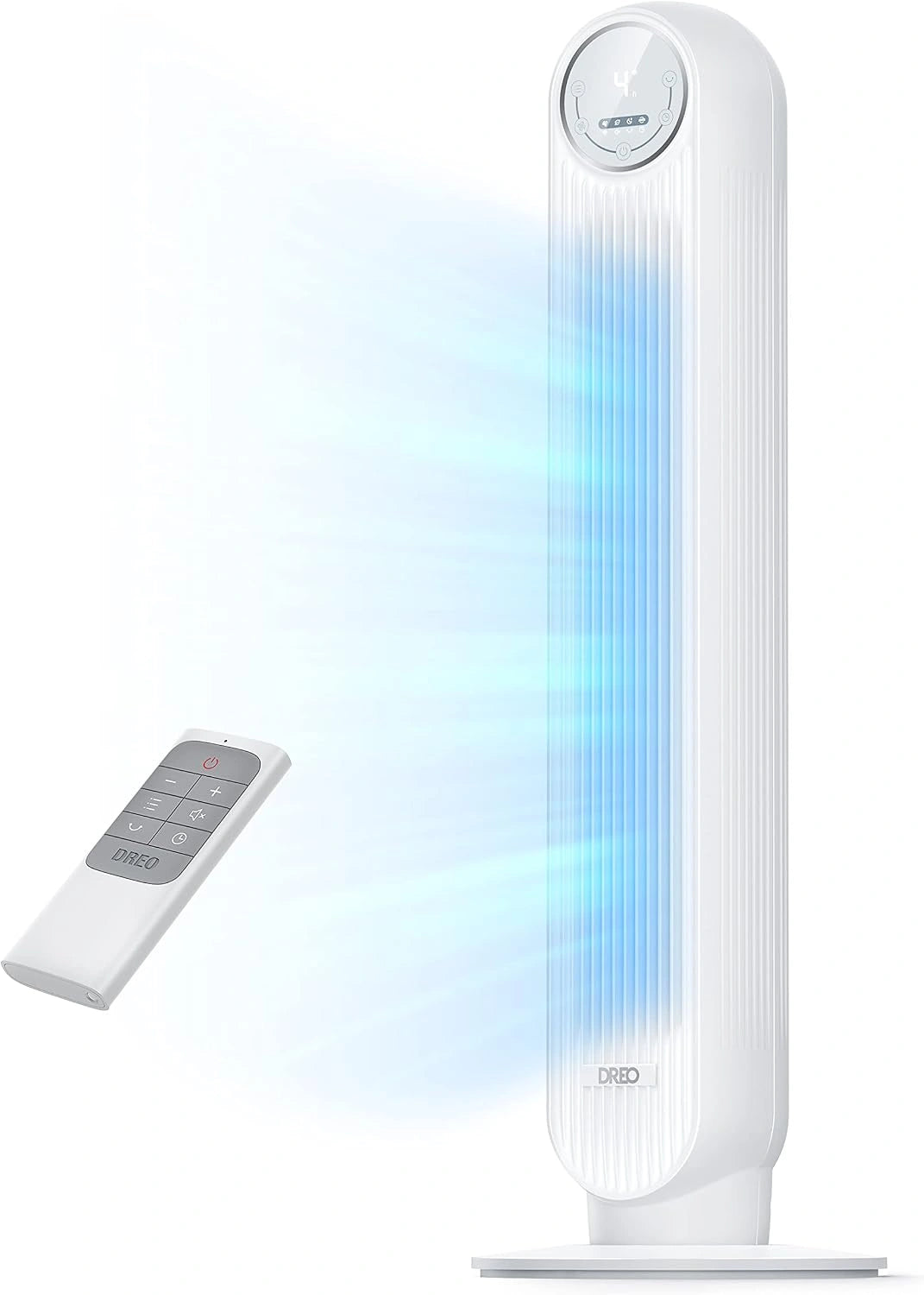 DREO 20dB stille torenventilator, 8,5 m/s snelheid elektrische koelventilator met afstandsbediening, 90 ° oscillerend, 8 snelheden, 4 modi, 8H timer