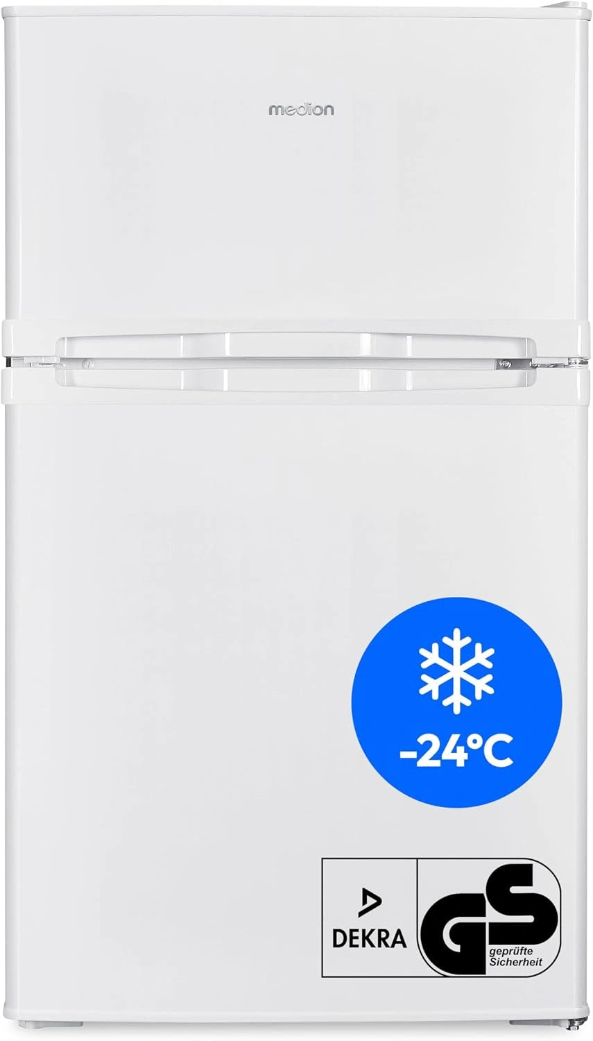 MEDION Mini koel-vriescombinatie (85 liter, 61 liter koelgedeelte, 24 liter vriesgedeelte, vrijstaand, 40 dB, transparante groentelade