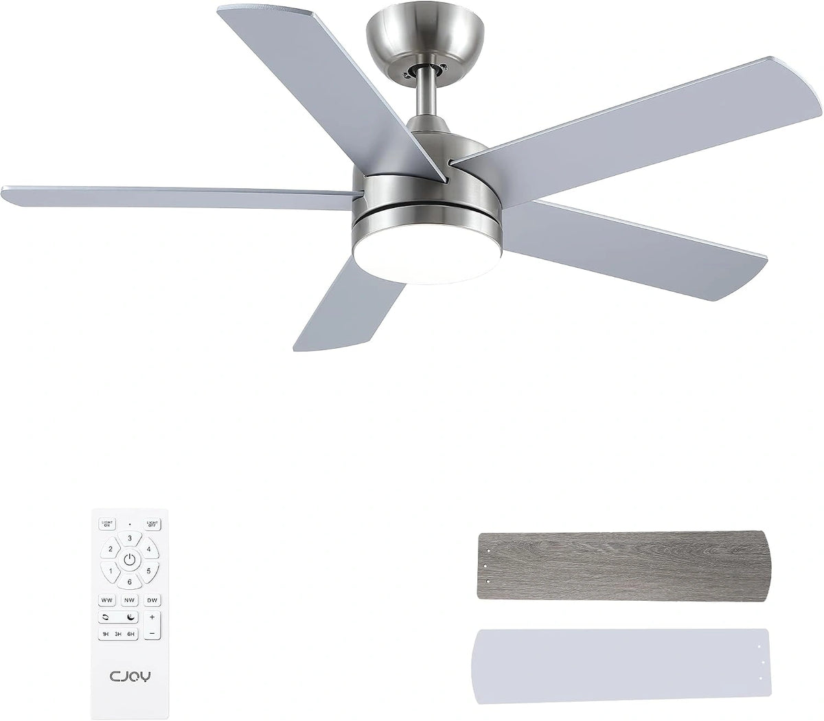 CJOY Plafondventilator met licht, 107 cm, stille plafondventilator met afstandsbediening, 6 snelheden, 3 CCT, dimbaar, omkeerbaar, DC timer, zilver