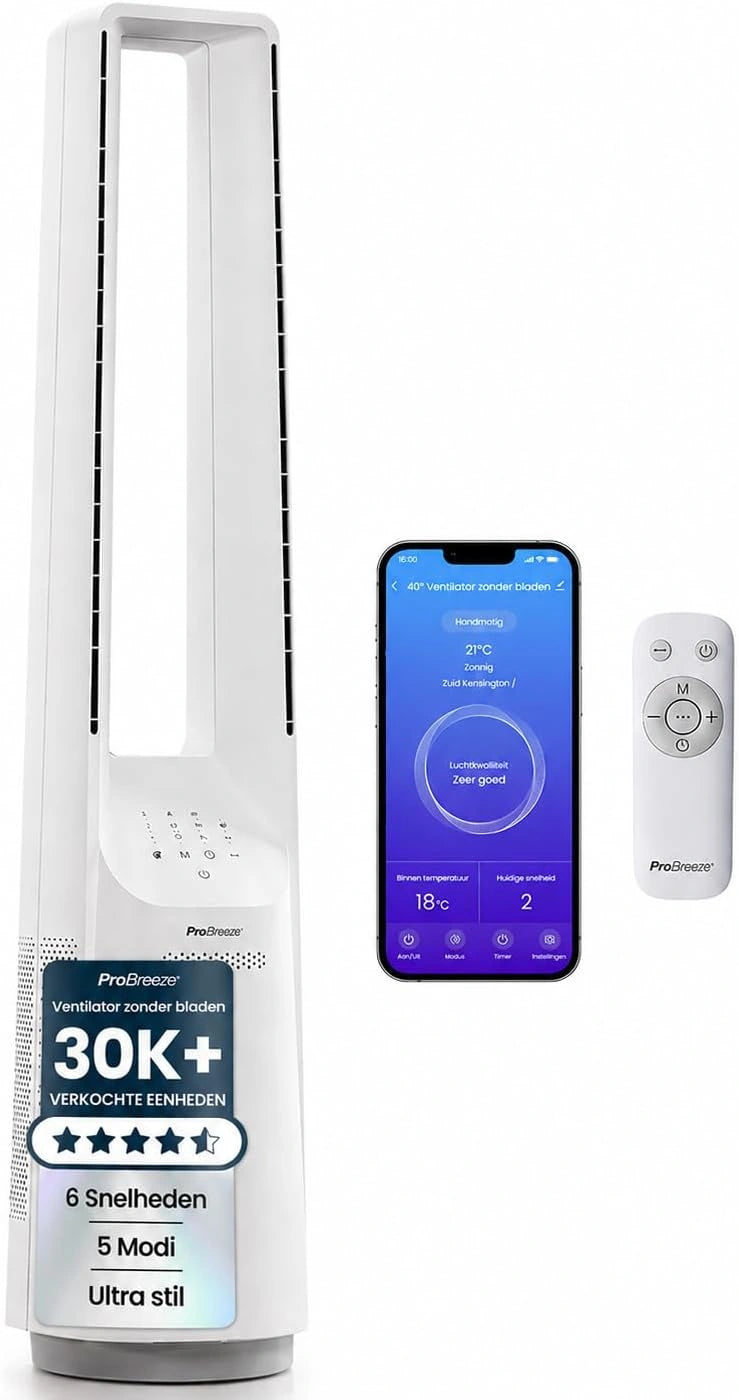 Pro Breeze smart rotorloze ventilator, 101 cm, gelijkstroommotor, ventilator met afstandsbediening, led-scherm, 6 snelheden, 5 bedrijfsmodi