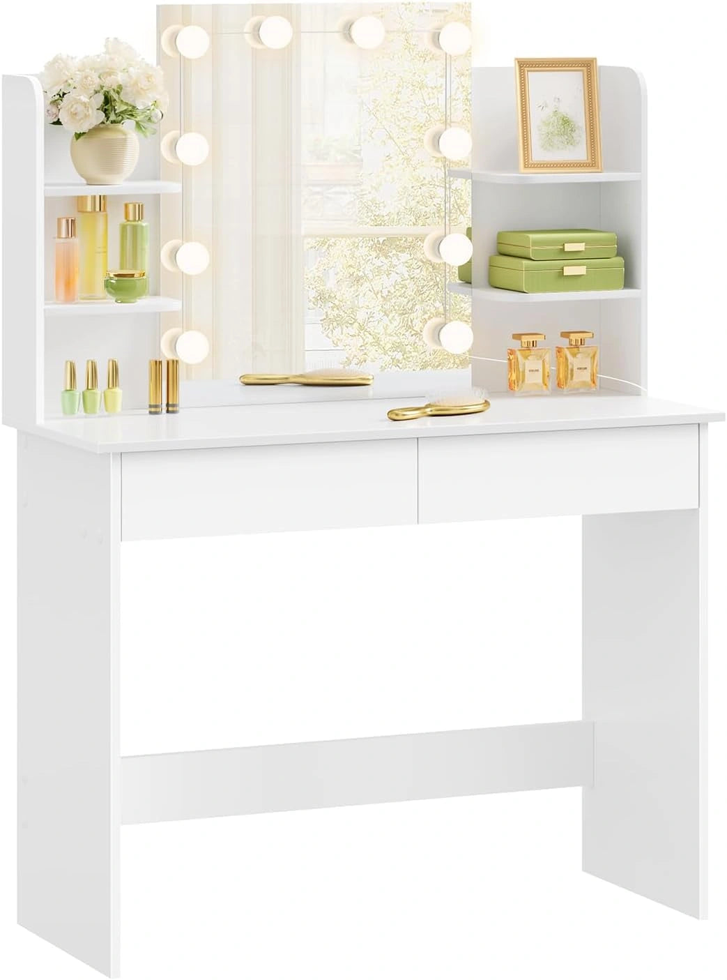 WOLTU Kaptafel met LED Verlichting Hollywood, Kaptafel met Spiegel, Cosmeticatafel met 2 Laden en 4 Open Planken