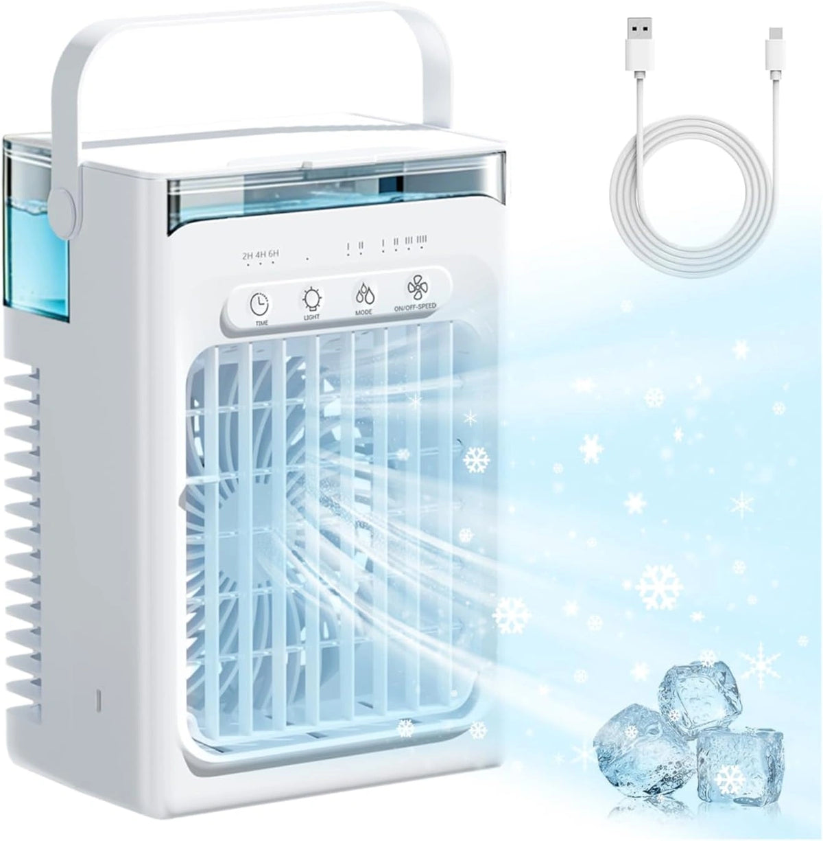 Mini airconditioner, 4 in 1 mobiele airconditioning, mobiele airco klein, ventilator, luchtbevochtiger, 2 traps bevochtiging, 1000 ml tank