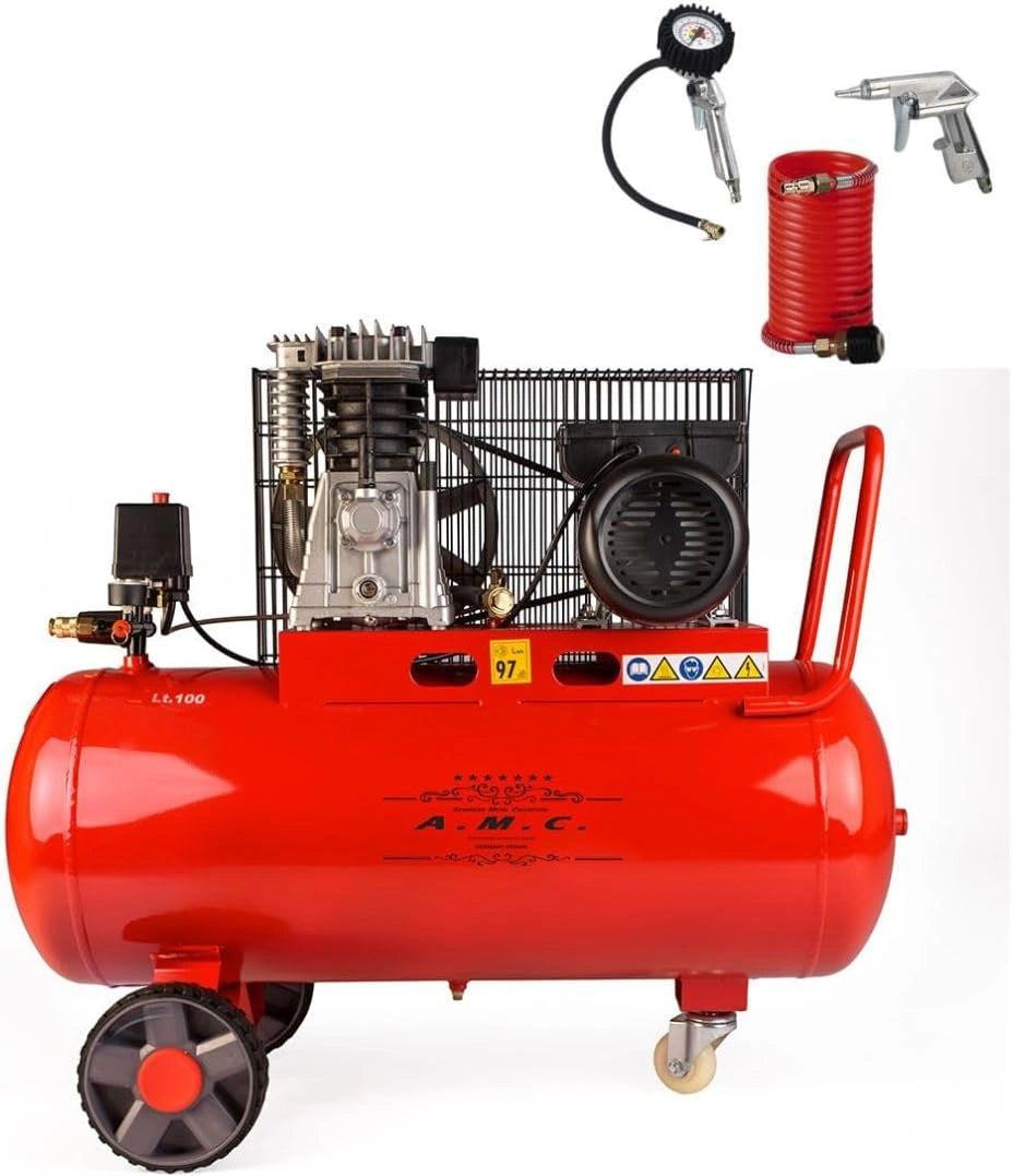 AMC Luchtcompressor, 100 liter druk, 8 bar, elektrisch, coaxiaal, 3 pk, inclusief accessoireset, motor, krachtig, thermisch stil beschermd