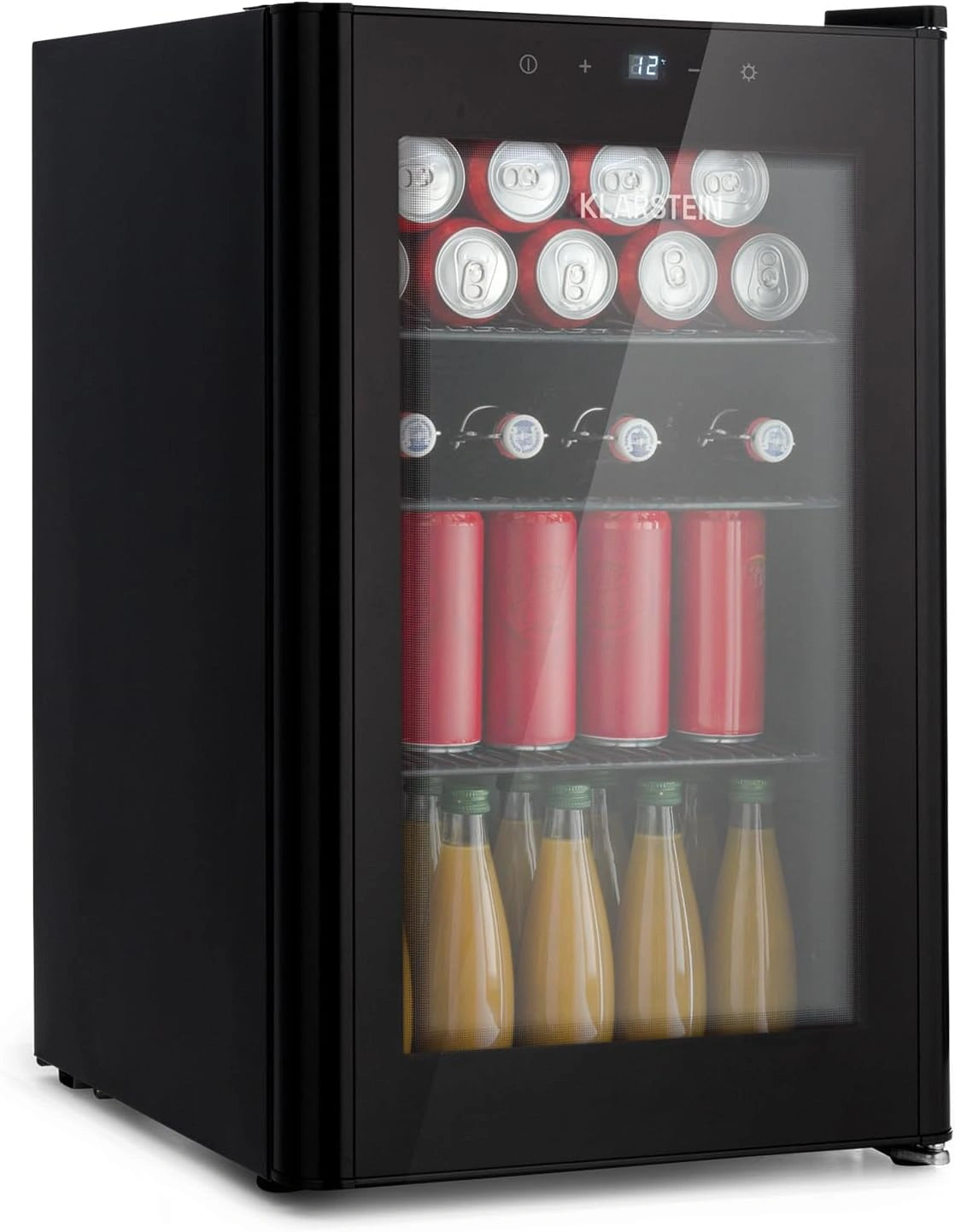 Klarstein Mini koelkast, Glazen deur, LED Verlichting, 3 Planken, 70 liter, Binnen/Buiten, 0-10°C, Zwart, Compact, Touch