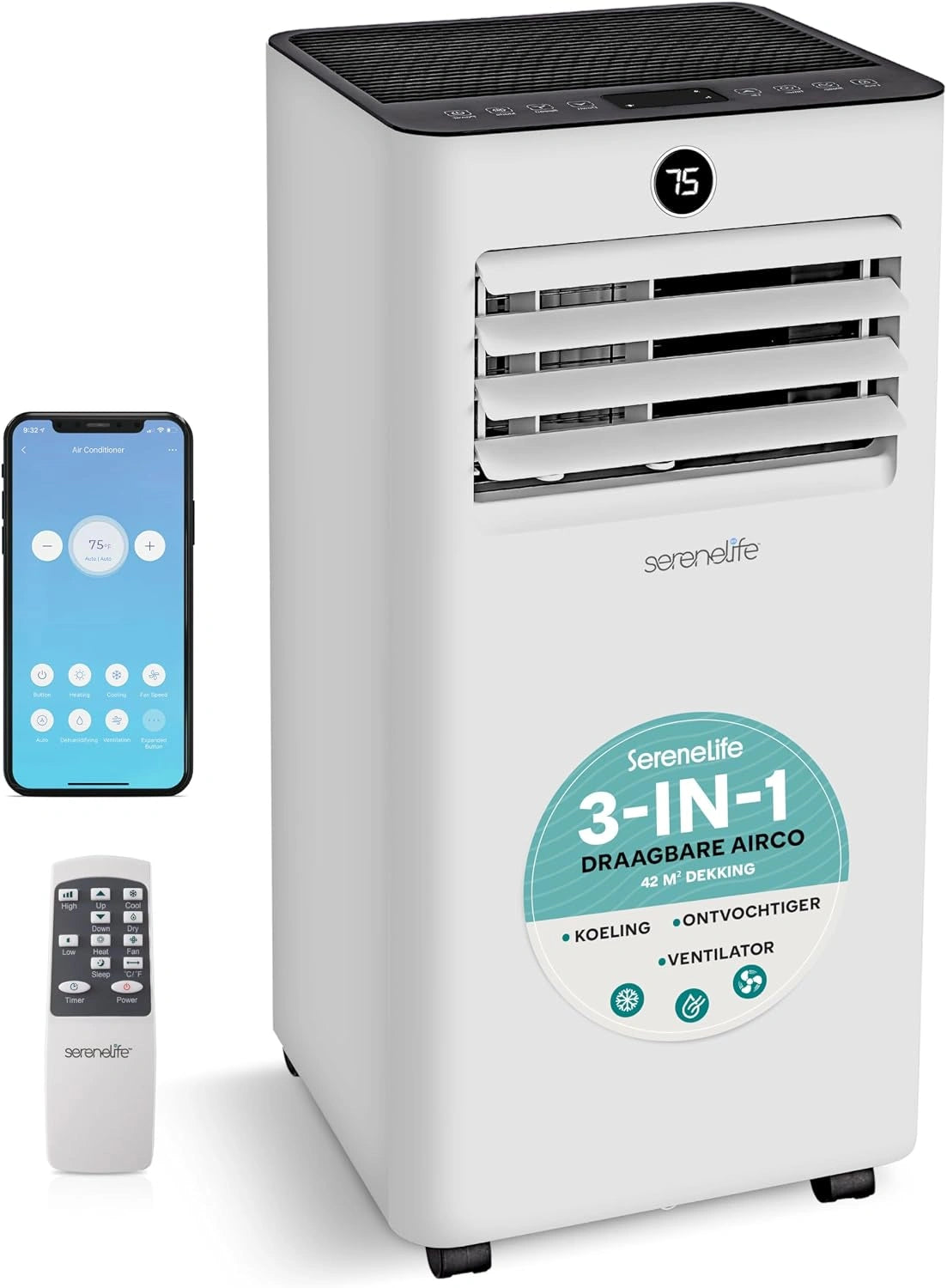 SereneLife airconditioner, Mobiele Airco, Wi-Fi, Geluidloze Koeling, Draagbaar, Koelen, Ontvochtigen & Ventilator, 24-Uur Timer & Raaminstallatie Kit