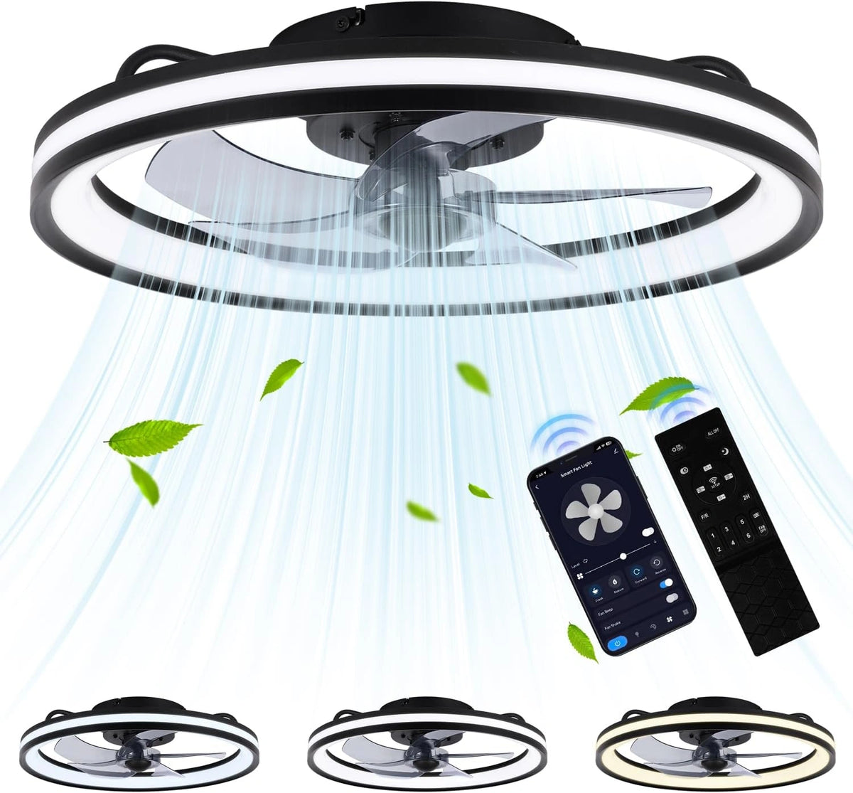 Fiqops Smart Plafondventilatoren met verlichting, omkeerbare afstandsbediening, 48 cm, 6 snelheden, dimbaar, timer