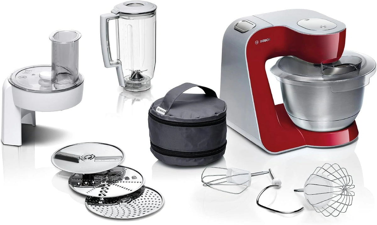 Bosch MUM5 keukenmachine, 1000 Watt, kom met 3,9 l inhoud, rvs roergarde, klopgarde en kneedhaak, EasyArmLift, automatische parkeerstand, MUM58720