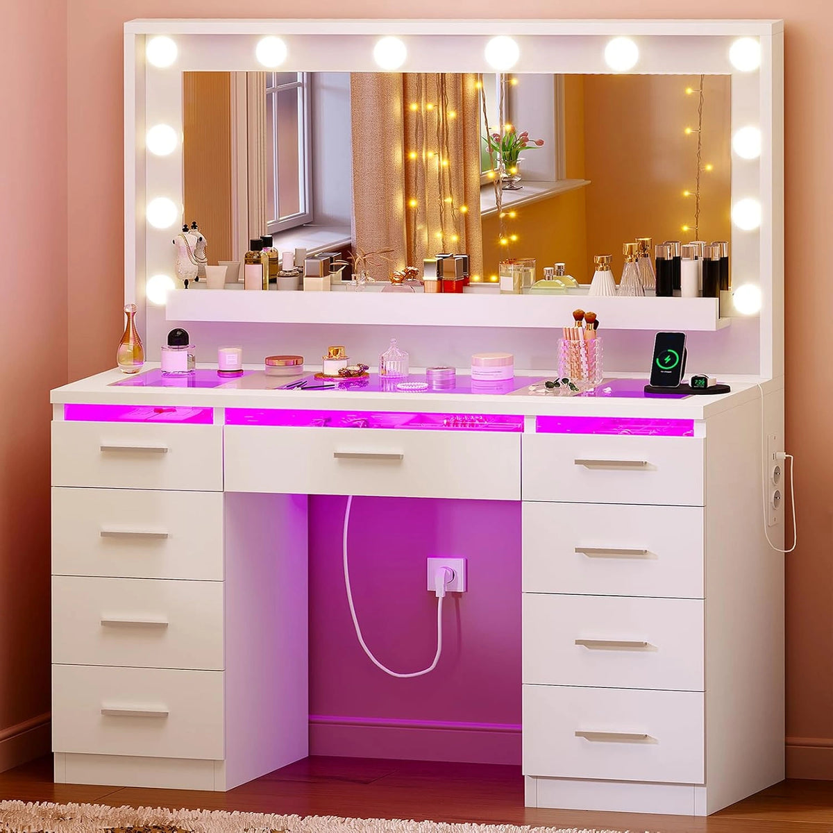 TEENFON Kaptafel met grote spiegel, Grote make-uptafel met RGB-verlichting en glasplaat, 9 laden en 2 stopcontacten, dimbare 3-kleuren LED