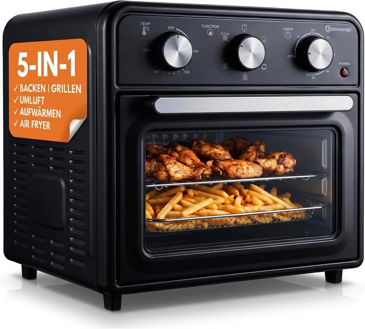 Sommertal Mini-oven van 20 liter met omloopwarmte en heteluchtfriteuse, mini-oven 1800 W, voor bakken, grillen en pizza