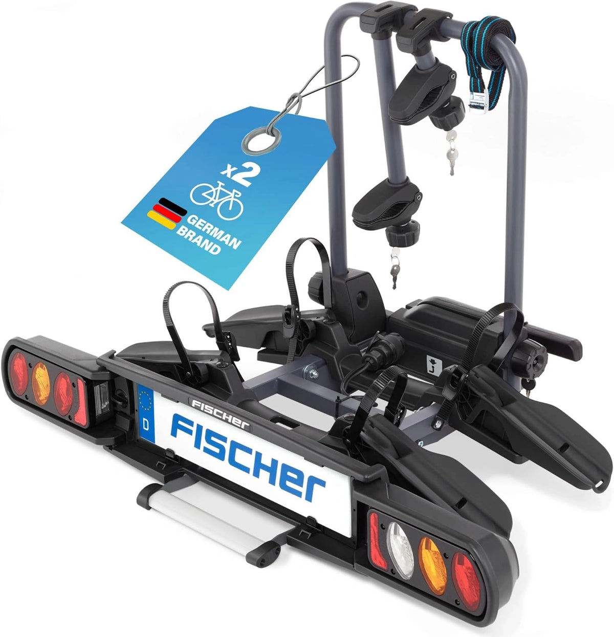Fischer ProlineEvo 2 Koppelingsfietsendrager, voor 2 fietsen tot 60 kg laadvermogen, geschikt voor e-bike, voorgemonteerd, afsluitbaar, opvouwbaar