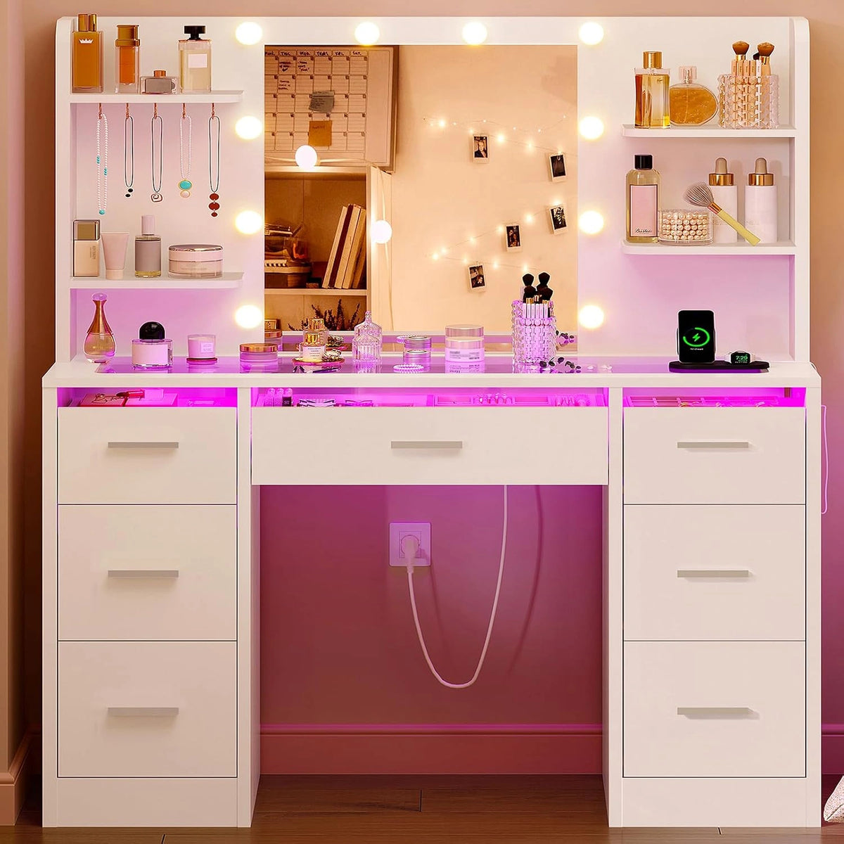 TEENFON Grote kaptafel met LED-spiegel, 3 kleuren verlichting, instelbare helderheid, kaptafel met glazen blad, RGB, 7 lades, 4 planken