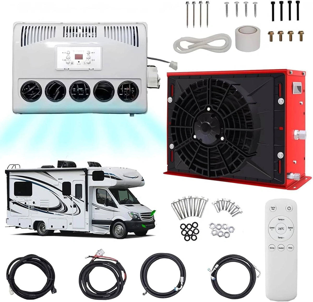 12V/24V Camper Airco, Split Type Truck AC Unit met Stille Werking, Eenvoudige Installatie voor Parkeerverkoeling en Slaapcabine Comfort, zwart