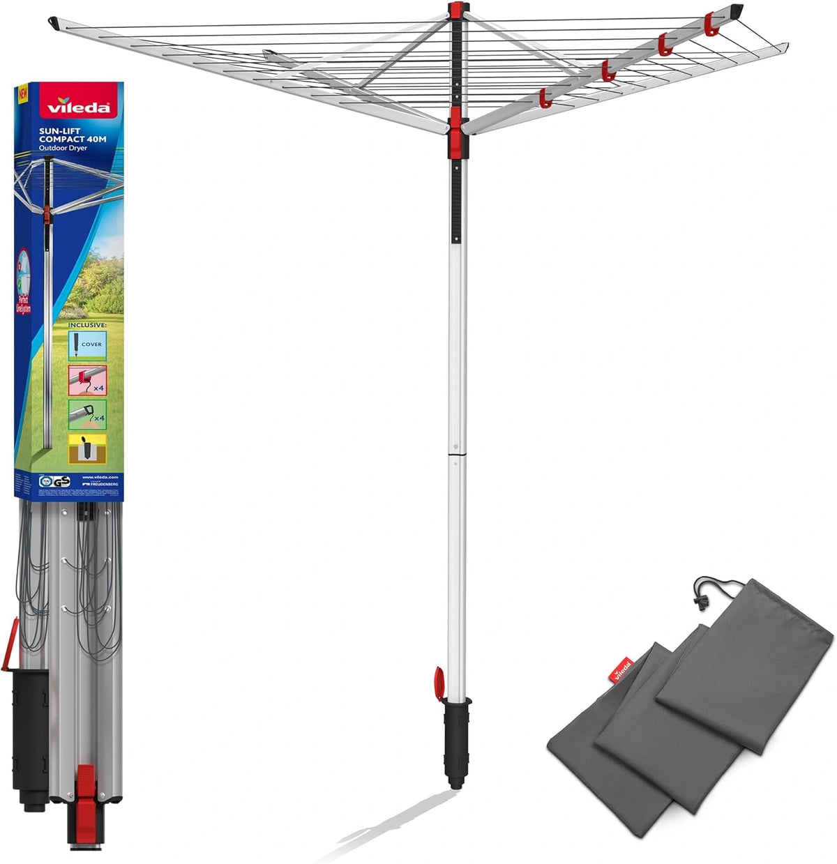 Vileda Sun-Lift Compact droogmolen, 40 m linnenlengte, in hoogte verstelbaar 1,55-1,72 m, Easy-Lift-systeem, incl. 8 kleerhangerhouders, bodemhuls