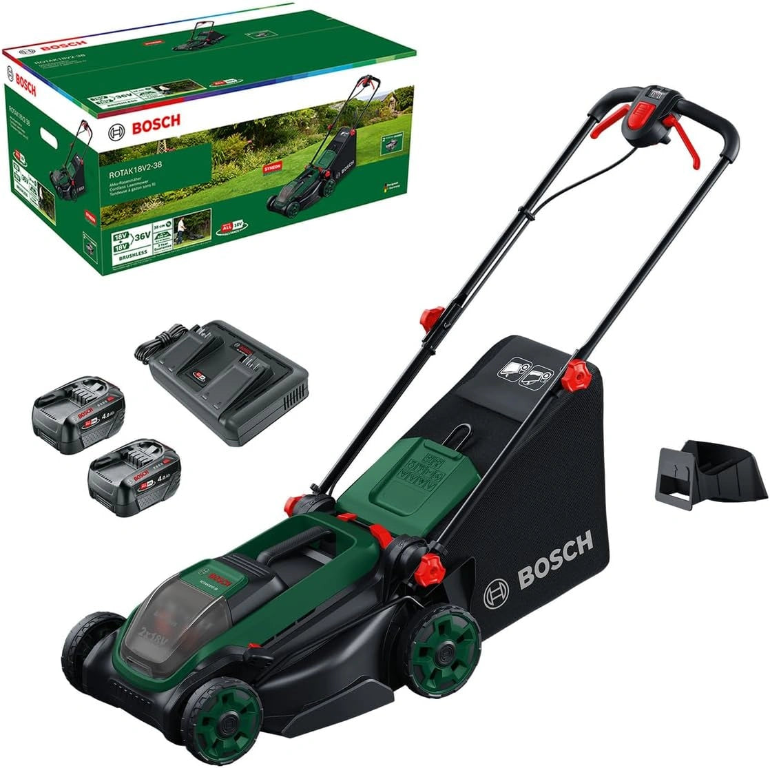 Bosch accumaaier ROTAK18V2-38 (maaibreedte: 38 cm, maaihoogte: 30-75 mm, stoffen grasopvangzak van 40 l, mulchplug, met 2 x 18V-accu en oplader)