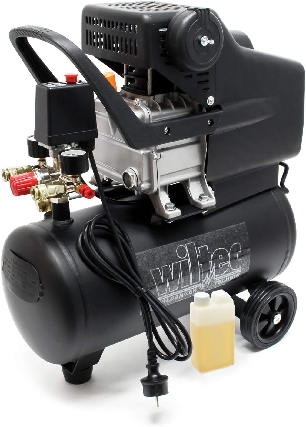 Wiltec luchtcompressor met 24 liter tank 1100 W werkplaatscompressor 8 bar en 1,1 kW, mobiele compressor voor luchtdruk en perslucht, zwart