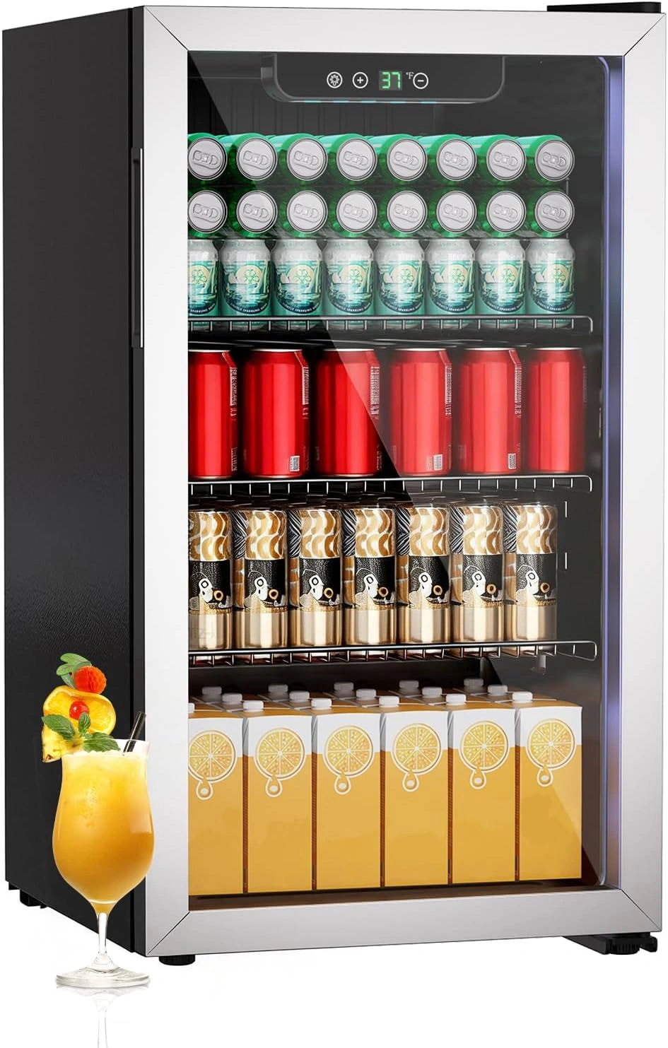 Drankenkoelkast, mini-koelkast met transparante deur voor limonade bier of wijn, werkbord koelkast met verstelbare afneembare planken