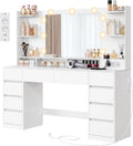 VASAGLE Kaptafel met Spiegel en Verlichting, 10 Lades, 137 x 40 x 144,3 cm, zilver/wit
