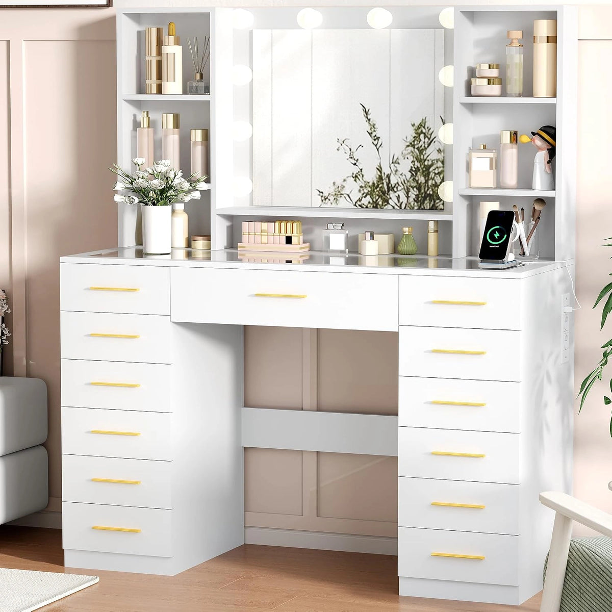 BEWISHOME kaptafel met spiegel en LED verlichting, glazen blad, wit/grijs