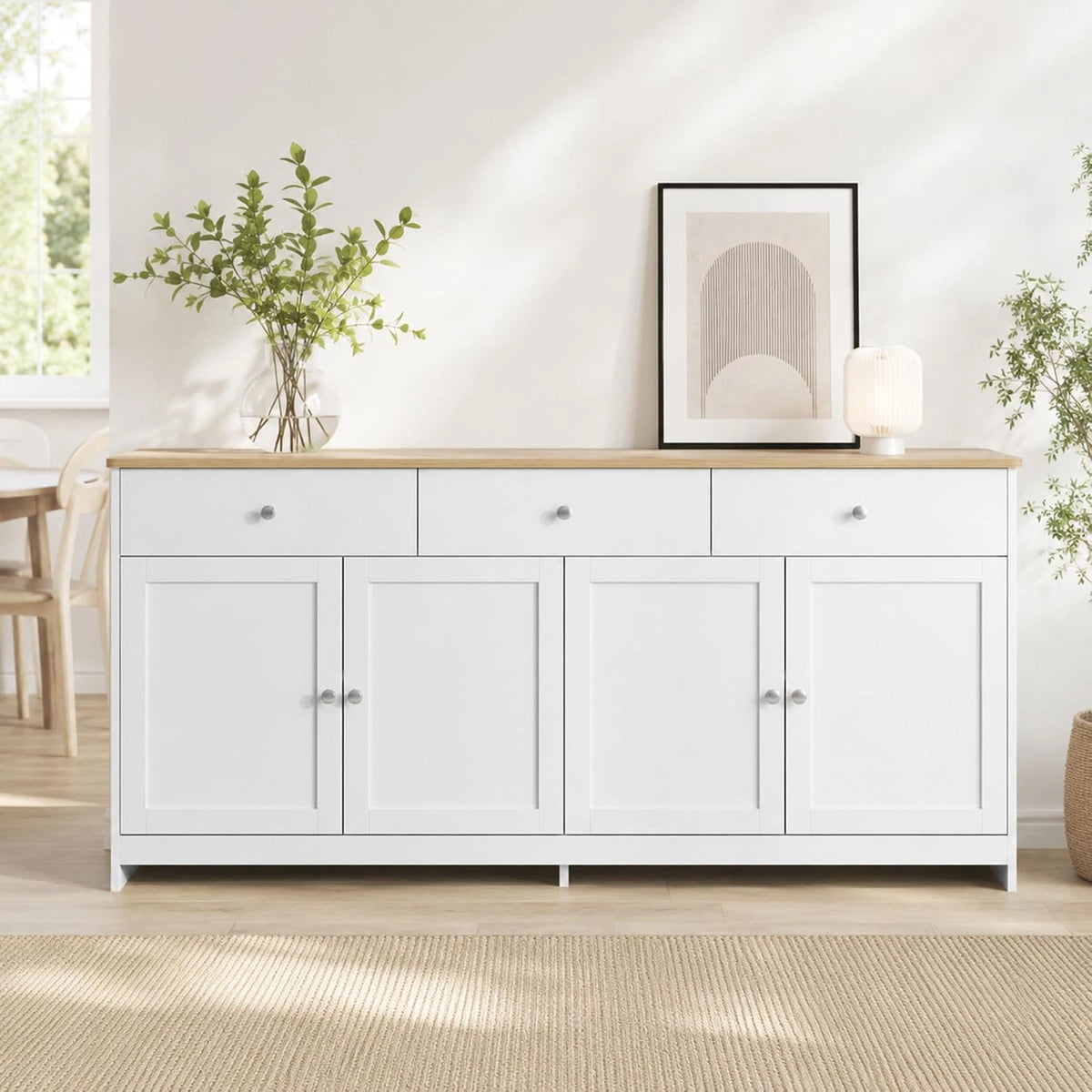 Dressoir wit en hout, 160 cm, opbergkast met 4 deuren en 3 laden, meubel, keuken, opslag, dressoir, woonkamer, modern dressoir
