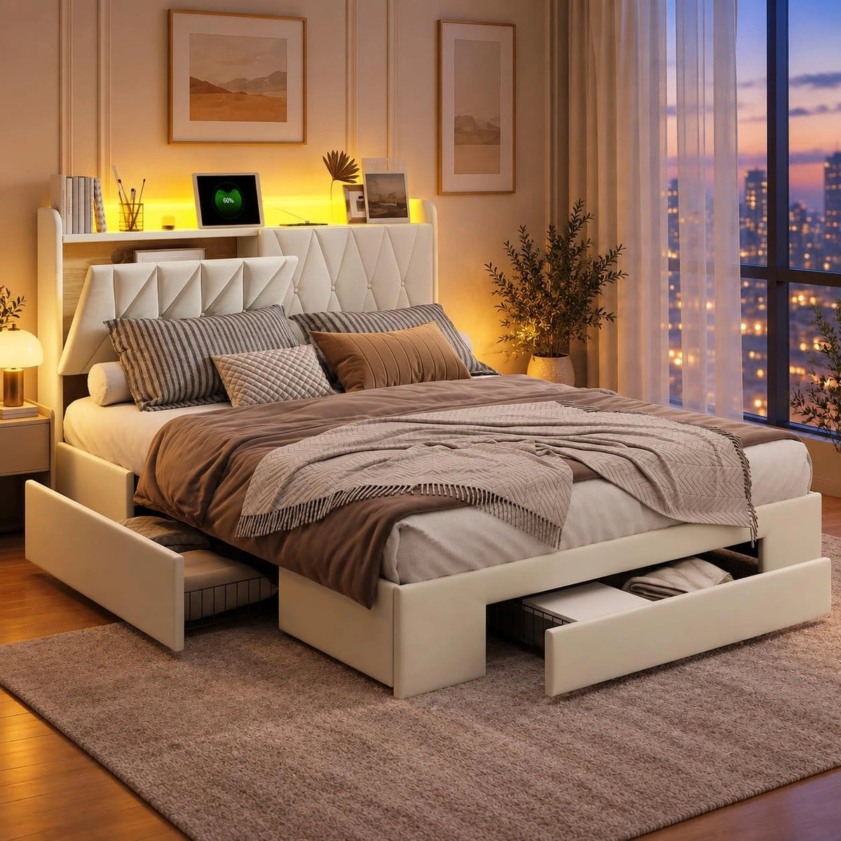 Gestoffeerd bed 160x200 cm met 3 laden, tweepersoonsbed met LED-verlichting en USB-aansluiting, tweepersoonsbed met hoofdeinde opbergruimte jeugd bed