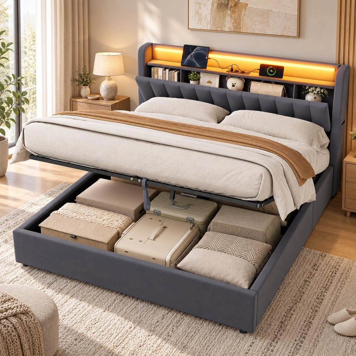 Gestoffeerd bed 180x200 tweepersoonsbed met bedlade en stopcontacten, led, beige