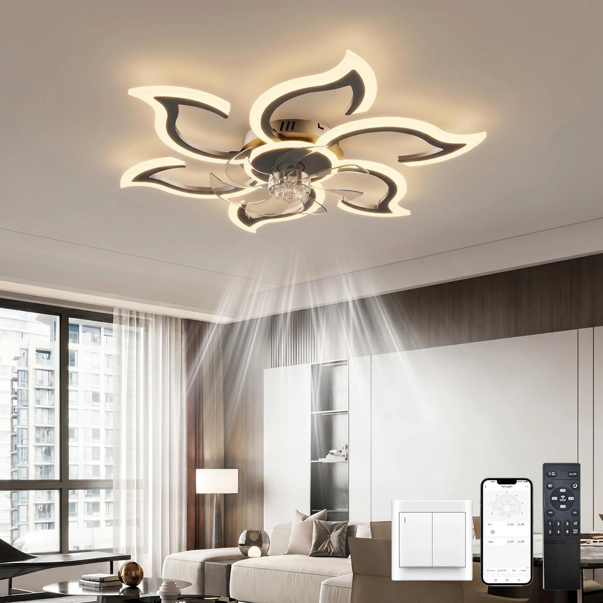LJX Plafondventilator Licht Zwart Stille Dc 6800ml Plafondventilator Ontwerp Ventilator 6 Snelheden Dimbare Timer Geheugenfunctie 88cm Kroonluchter