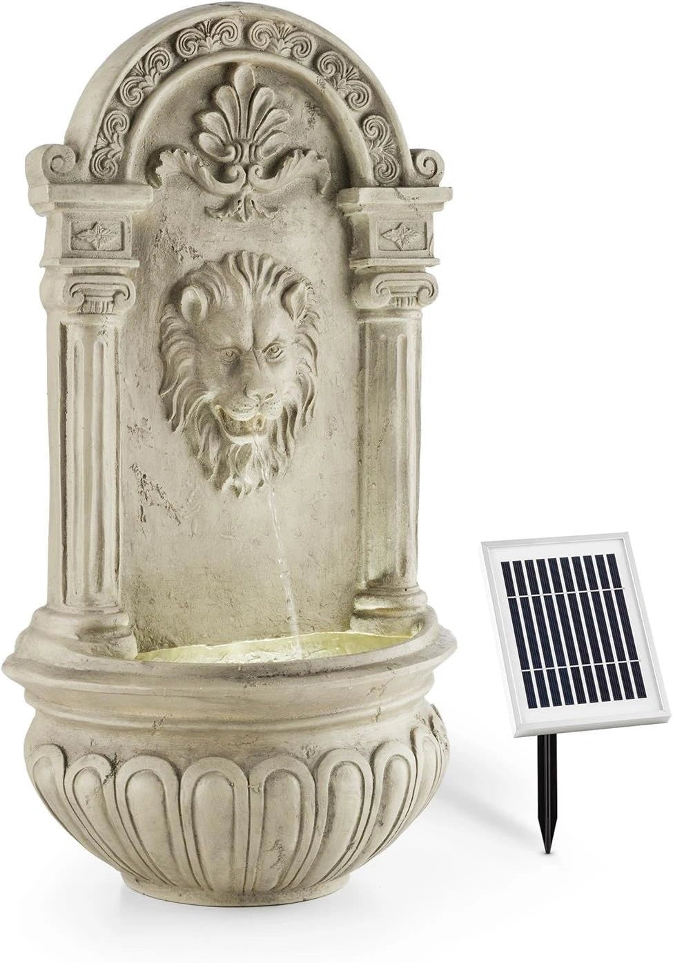 Blumfeldt Löwenstein tuinfontein met LED-verlichting, leeuwenkop editie, antieke muurfontein, decoratieve fontein, buiten, zonnepaneel