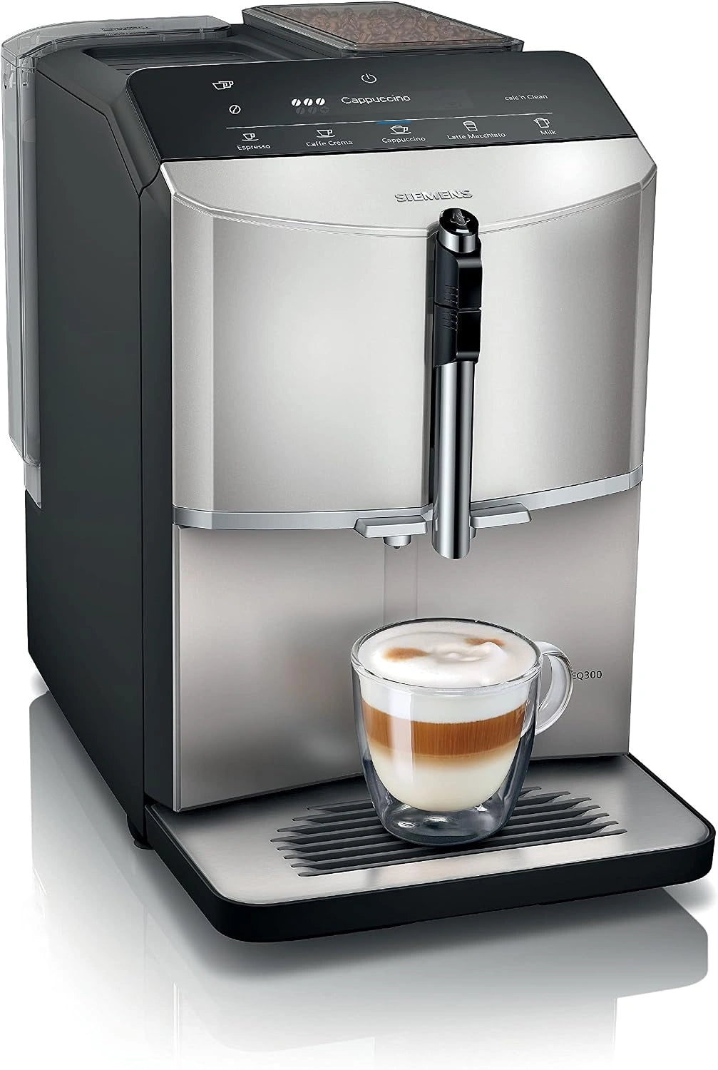 Siemens, volautomatische espressomachine, EQ300, TF303E07, ceramDrive, milkPerfect, oneTouch-functie, inox-zilver metallic