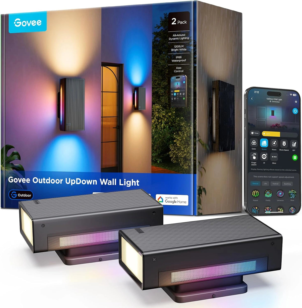 Govee Outdoor UpDown wandlamp, 1400lm RGBICWW wandlamp, IP66, 2 stuks, zwart